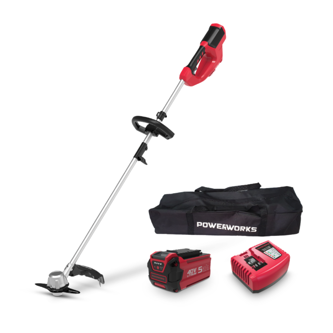 40V Powerworks Trimmer/Brushcutter with 40V 5Ah battery and fast charger and carry bag