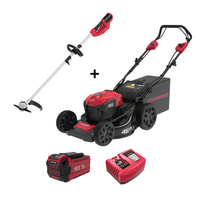 Powerworks 40V self-propelled mower and trimmer/brushcutter combo